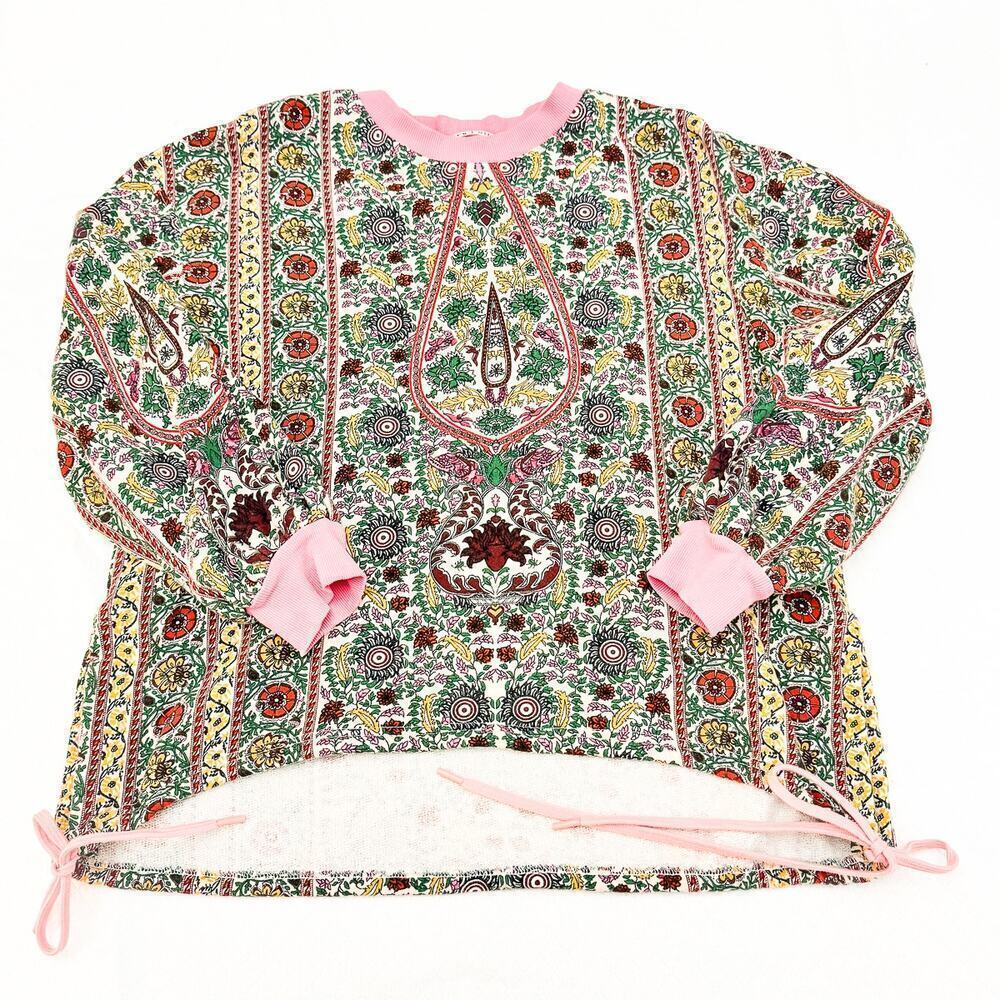 Alice + Olivia Amirah Drawstring Hem Sweatshirt Flower Print Pot Ecru Top Size M